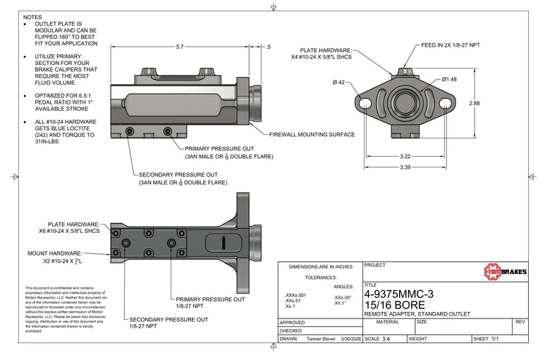 TBM Modular Billet Master Cylinder 15/16" Bore (Remote Top)