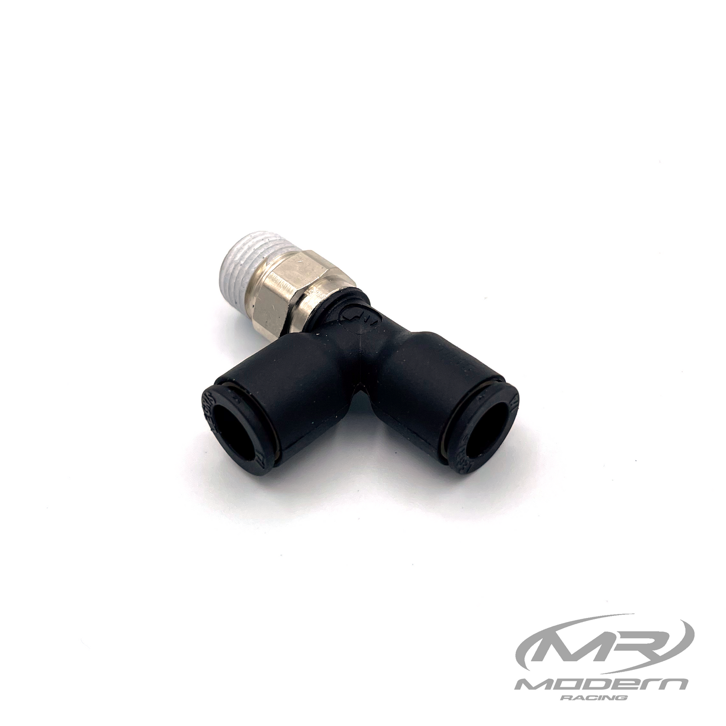 Conector de aire en T de ángulo recto macho de 1/4" Push-Loc hembra a 1/8" NPT latón/plástico (niquelado)