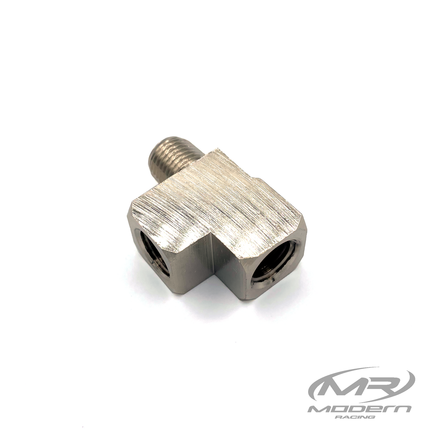 Conector en T de ángulo recto macho de 1/4" NPT hembra a 1/4" NPT de latón (niquelado)